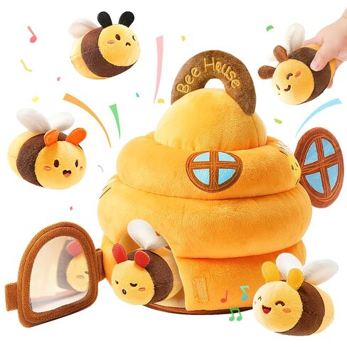 Baby Sensory Toy for 6-12 Months, Plush Beehive with 5 Interactive Bee Toys | Stuffed Animal Toys with Rattle, Crinkle, Music, Squeaker, Mirror, Early Development Toy, Infant Tummy Time Toy, Newborn Gift in Kuwait