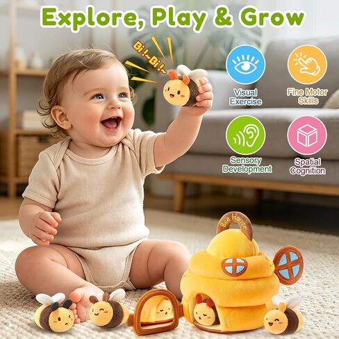 Baby Sensory Toy for 6-12 Months, Plush Beehive with 5 Interactive Bee Toys | Stuffed Animal Toys with Rattle, Crinkle, Music, Squeaker, Mirror, Early Development Toy, Infant Tummy Time Toy, Newborn Gift in Kuwait