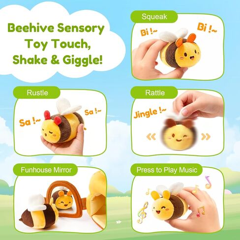 Baby Sensory Toy for 6-12 Months, Plush Beehive with 5 Interactive Bee Toys | Stuffed Animal Toys with Rattle, Crinkle, Music, Squeaker, Mirror, Early Development Toy, Infant Tummy Time Toy, Newborn Gift in Kuwait
