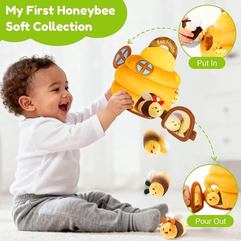 Baby Sensory Toy for 6-12 Months, Plush Beehive with 5 Interactive Bee Toys | Stuffed Animal Toys with Rattle, Crinkle, Music, Squeaker, Mirror, Early Development Toy, Infant Tummy Time Toy, Newborn Gift in Kuwait