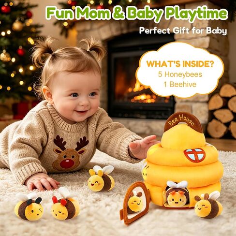 Baby Sensory Toy for 6-12 Months, Plush Beehive with 5 Interactive Bee Toys | Stuffed Animal Toys with Rattle, Crinkle, Music, Squeaker, Mirror, Early Development Toy, Infant Tummy Time Toy, Newborn Gift in Kuwait