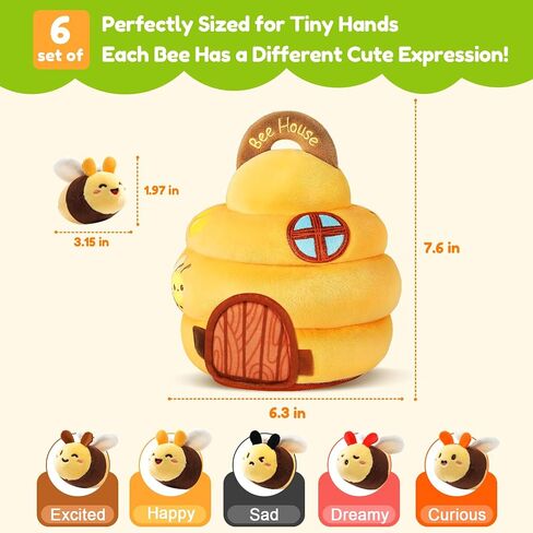 Baby Sensory Toy for 6-12 Months, Plush Beehive with 5 Interactive Bee Toys | Stuffed Animal Toys with Rattle, Crinkle, Music, Squeaker, Mirror, Early Development Toy, Infant Tummy Time Toy, Newborn Gift in Kuwait