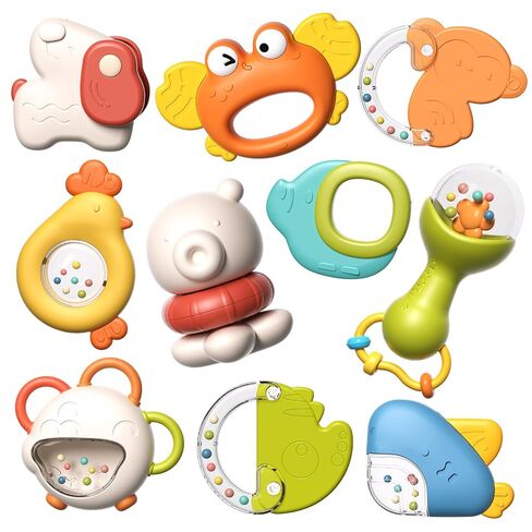 Baby Rattles Toys, 10PCS Baby Toys 0-6 Months, Teethers Set 3-6 Months, Infant Newborn Sensory Toys with Textures, Sounds, Montessori Toy Gifts 1 2 3 4 5 6 7 9 10 11 12+ Month Boy Girl in Kuwait