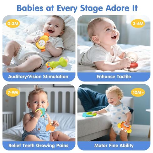 Baby Rattles Toys, 10PCS Baby Toys 0-6 Months, Teethers Set 3-6 Months, Infant Newborn Sensory Toys with Textures, Sounds, Montessori Toy Gifts 1 2 3 4 5 6 7 9 10 11 12+ Month Boy Girl in Kuwait