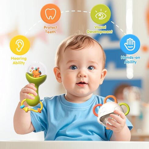 Baby Rattles Toys, 10PCS Baby Toys 0-6 Months, Teethers Set 3-6 Months, Infant Newborn Sensory Toys with Textures, Sounds, Montessori Toy Gifts 1 2 3 4 5 6 7 9 10 11 12+ Month Boy Girl in Kuwait