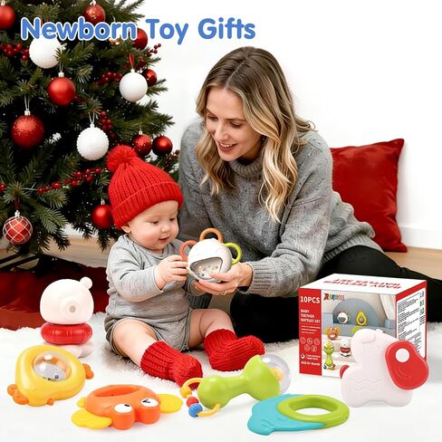 Baby Rattles Toys, 10PCS Baby Toys 0-6 Months, Teethers Set 3-6 Months, Infant Newborn Sensory Toys with Textures, Sounds, Montessori Toy Gifts 1 2 3 4 5 6 7 9 10 11 12+ Month Boy Girl in Kuwait