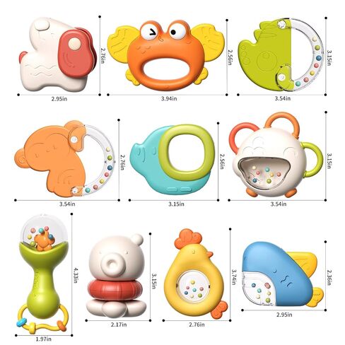 Baby Rattles Toys, 10PCS Baby Toys 0-6 Months, Teethers Set 3-6 Months, Infant Newborn Sensory Toys with Textures, Sounds, Montessori Toy Gifts 1 2 3 4 5 6 7 9 10 11 12+ Month Boy Girl in Kuwait
