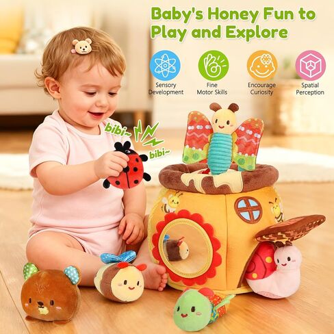 Baby Sensory Toy for 6-12 Months, Soft Honey Jar with 6 Stuffed Animal Toys | Tummy Time Toys with Rattle, Crinkle, Squeaker & Mirror, Baby Development Toys, Montessori Toys for 1 Year Old, Newborn Gifts in Kuwait
