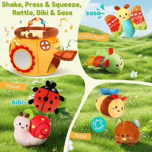 Baby Sensory Toy for 6-12 Months, Soft Honey Jar with 6 Stuffed Animal Toys | Tummy Time Toys with Rattle, Crinkle, Squeaker & Mirror, Baby Development Toys, Montessori Toys for 1 Year Old, Newborn Gifts in Kuwait