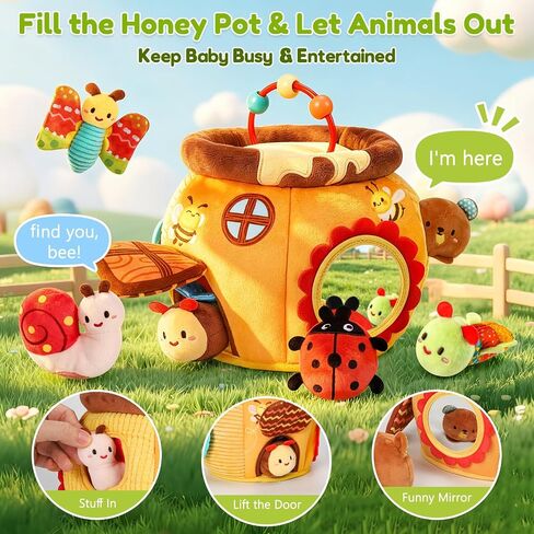 Baby Sensory Toy for 6-12 Months, Soft Honey Jar with 6 Stuffed Animal Toys | Tummy Time Toys with Rattle, Crinkle, Squeaker & Mirror, Baby Development Toys, Montessori Toys for 1 Year Old, Newborn Gifts in Kuwait