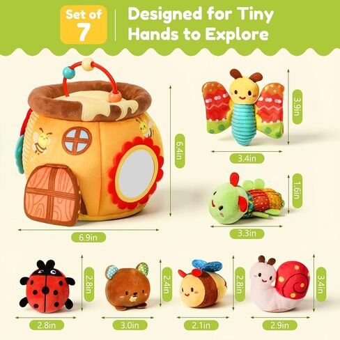 Baby Sensory Toy for 6-12 Months, Soft Honey Jar with 6 Stuffed Animal Toys | Tummy Time Toys with Rattle, Crinkle, Squeaker & Mirror, Baby Development Toys, Montessori Toys for 1 Year Old, Newborn Gifts in Kuwait