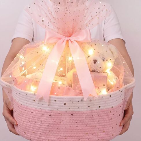 Colingmill Large Gift Basket Empty Woven 17''x12.6''x7'' Storage Basket with Handle LED Light Gift Bag Ribbon Glitter Tulle Wrap Tiusse Paper Greeting Card for Birthday Baby Shower Toy Storage (Pink) in Kuwait
