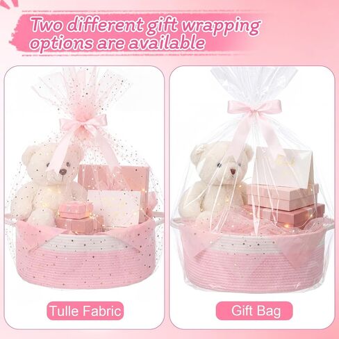 Colingmill Large Gift Basket Empty Woven 17''x12.6''x7'' Storage Basket with Handle LED Light Gift Bag Ribbon Glitter Tulle Wrap Tiusse Paper Greeting Card for Birthday Baby Shower Toy Storage (Pink) in Kuwait