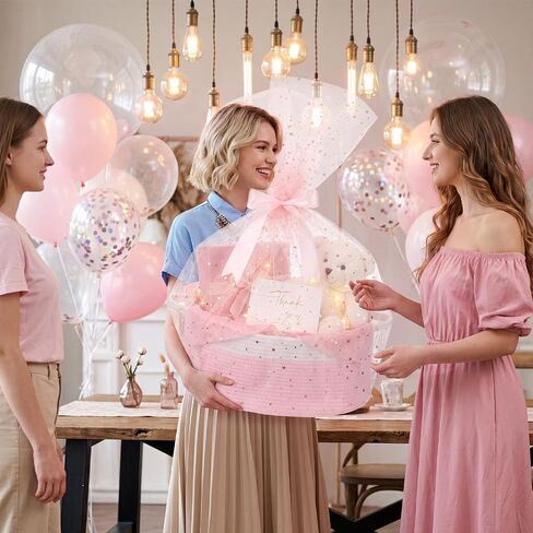 Colingmill Large Gift Basket Empty Woven 17''x12.6''x7'' Storage Basket with Handle LED Light Gift Bag Ribbon Glitter Tulle Wrap Tiusse Paper Greeting Card for Birthday Baby Shower Toy Storage (Pink) in Kuwait