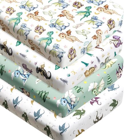 4 Pack Dragon Crib Sheets Neutral Unisex Fitted Nursery Baby Sheet Set Toddler Mattress Newborn Bedding Sheets for Baby Boys or Girls (Crib) in Kuwait