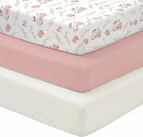 Baby Crib Sheets for Girls Boys, 3 Pack Fitted Crib Sheets 52 x 28 x 8 Inch, Soft Stretchy Polyester Baby Sheets for Standard Criband Toddler Mattress, Pink+White+Flower in Kuwait
