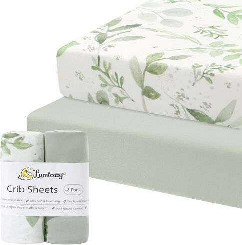 2 Pack Cotton Fitted Crib Sheets, Soft Breathable for Standard Crib Toddler Mattress Cover 52"x28" Neutral Nursery (Sage Green Leaf Print) in Kuwait