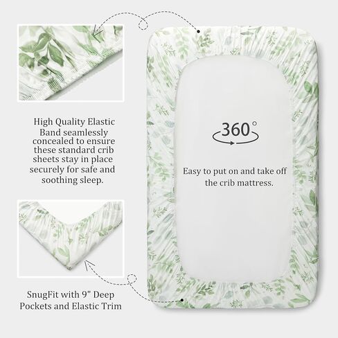 2 Pack Cotton Fitted Crib Sheets, Soft Breathable for Standard Crib Toddler Mattress Cover 52"x28" Neutral Nursery (Sage Green Leaf Print) in Kuwait