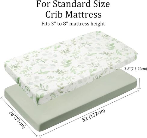 2 Pack Cotton Fitted Crib Sheets, Soft Breathable for Standard Crib Toddler Mattress Cover 52"x28" Neutral Nursery (Sage Green Leaf Print) in Kuwait