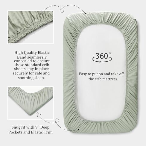 2 Pack Cotton Fitted Crib Sheets, Soft Breathable for Standard Crib Toddler Mattress Cover 52"x28" Neutral Nursery (Sage Green Leaf Print) in Kuwait
