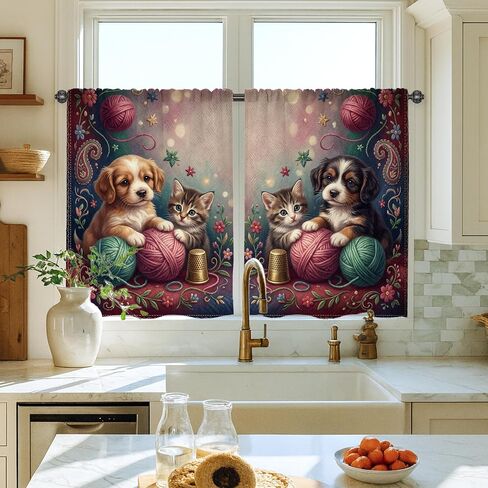 Puppy Kitchen Curtains, Fanciful Playful Kitten Yarn None Multicolor Rod Pocket Window Valance Window Decoration for Dining Room Breakfast Nook Sink Area 18x52 Inch in Kuwait