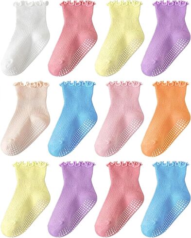 Funjoon Toddler Ruffle Socks for Girls Baby Grip Socks Non Slip Frilly 12Pc | Full-Coverage Silicone Dot, Cute Ruffle Trims, Multiple Bright Vivid Colors, Soft Breathable Cotton, 12-pair Large Sets in Kuwait