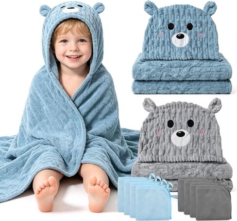 2 PCS 55" x 27.5" Plus Size Hooded Baby Bath Towels & 8 PCS Washcloths Set | Thicken, Ultra Absorbent, Soft Baby Towels for Newborns, Infants, Toddlers & Children, Gray + Blue in Kuwait