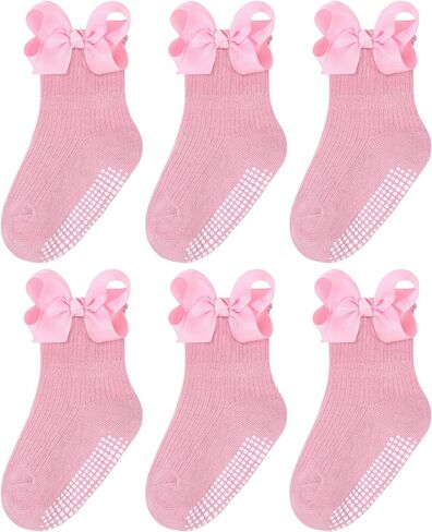 6 Pairs Toddler Girls Ruffle Grip Socks, Non-Slip Cotton Bow Socks | Non Slip, Cute Bow and Ruffle Design, Soft Cotton, School Crew Socks, Perfect for Baby Toddler Kids Daily Wear Gifts in Kuwait