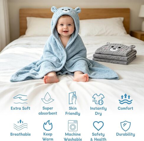 2 PCS 55" x 27.5" Plus Size Hooded Baby Bath Towels & 8 PCS Washcloths Set | Thicken, Ultra Absorbent, Soft Baby Towels for Newborns, Infants, Toddlers & Children, Gray + Blue in Kuwait