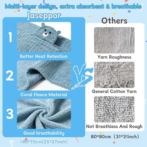 2 PCS 55" x 27.5" Plus Size Hooded Baby Bath Towels & 8 PCS Washcloths Set | Thicken, Ultra Absorbent, Soft Baby Towels for Newborns, Infants, Toddlers & Children, Gray + Blue in Kuwait