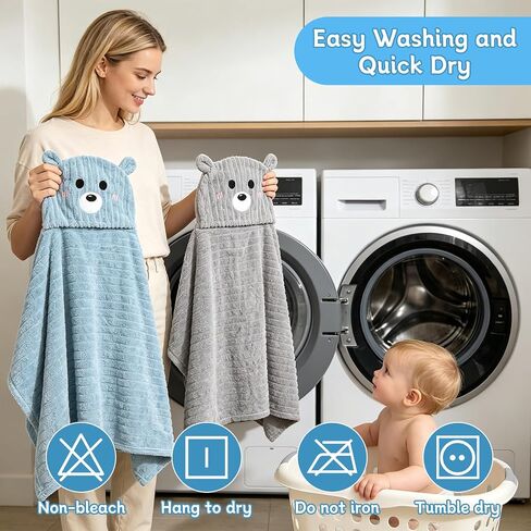 2 PCS 55" x 27.5" Plus Size Hooded Baby Bath Towels & 8 PCS Washcloths Set | Thicken, Ultra Absorbent, Soft Baby Towels for Newborns, Infants, Toddlers & Children, Gray + Blue in Kuwait