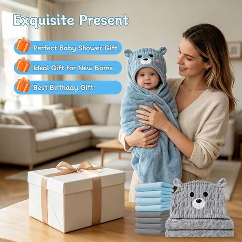 2 PCS 55" x 27.5" Plus Size Hooded Baby Bath Towels & 8 PCS Washcloths Set | Thicken, Ultra Absorbent, Soft Baby Towels for Newborns, Infants, Toddlers & Children, Gray + Blue in Kuwait