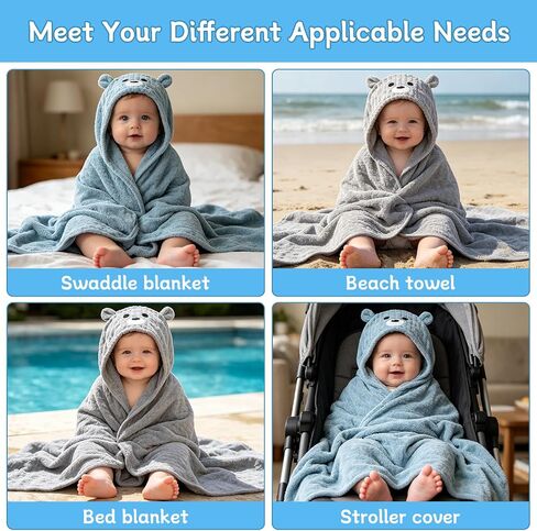 2 PCS 55" x 27.5" Plus Size Hooded Baby Bath Towels & 8 PCS Washcloths Set | Thicken, Ultra Absorbent, Soft Baby Towels for Newborns, Infants, Toddlers & Children, Gray + Blue in Kuwait