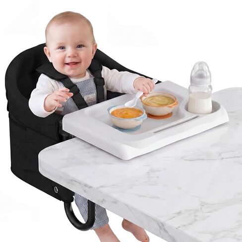 Portable Hook On High Chair with Tray for Baby & Toddler,Space-Saving Clip On Travel High Chair,Detachable Washable Seat Cover,Feeding Seat for Dining Table & Counter,with Carry Bag(Black) in Kuwait