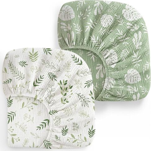 2 Pack Baby Muslin Crib Sheets for Boys Girls 52" x 28" (Green Leaf) | 100% Cotton, Soft and Breathable, Fitted Baby Sheets for Standard Crib Mattress, Neutral Toddler Bed Sheets, Baby Gifts in Kuwait