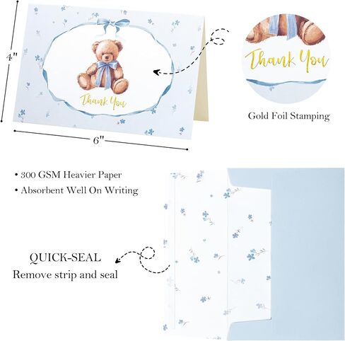 Crisky Blue Baby Shower Thank You Cards with Envelopes & Stickers (50 Pack) Boy Baby Shower Greeting Cards Bulk, Watercolor Delicate Cute Bear for Baby Shower Party in Kuwait