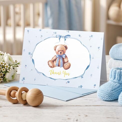 Crisky Blue Baby Shower Thank You Cards with Envelopes & Stickers (50 Pack) Boy Baby Shower Greeting Cards Bulk, Watercolor Delicate Cute Bear for Baby Shower Party in Kuwait