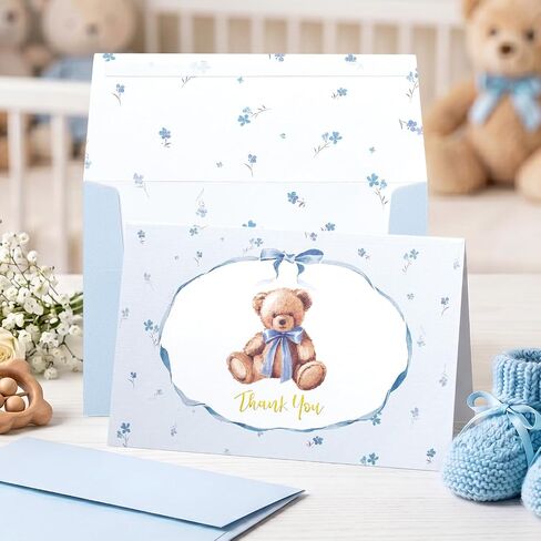 Crisky Blue Baby Shower Thank You Cards with Envelopes & Stickers (50 Pack) Boy Baby Shower Greeting Cards Bulk, Watercolor Delicate Cute Bear for Baby Shower Party in Kuwait