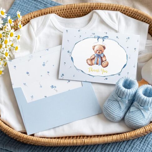 Crisky Blue Baby Shower Thank You Cards with Envelopes & Stickers (50 Pack) Boy Baby Shower Greeting Cards Bulk, Watercolor Delicate Cute Bear for Baby Shower Party in Kuwait