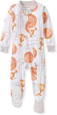 Burt's Bees Baby Boys Organic Cotton, Snug Fit Footed Sleeper Pajamas | Convenient 2-way zip front sleeper pajama is equipped with non-slip bee grips for active littles on the move in Kuwait