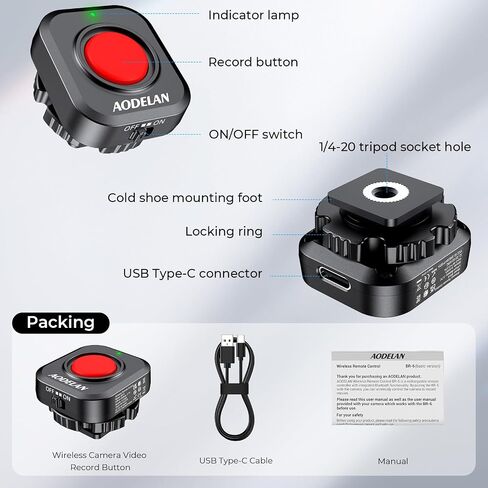 AODELAN Wireless Camera Video Record Button for Top/Side Handle | Rechargeable Video Control Button Remote with Cold Shoe Lock for Canon EOS R50/R6,for Sony ZV-E10 II,for Nikon,for Fujifilm in Kuwait