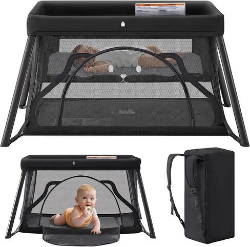 Travel Crib,Portable Baby Crib,Foldable Playpen,Pack and Play (Dark Grey) | Easy Setup Baby Travel Bed with Mattress for Babies and Toddler, Lightweight Backpack Design & Zipper Door for Outdoor Use in Kuwait