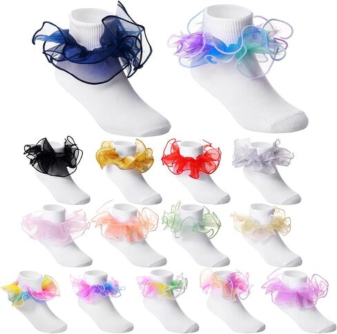 Lasnten 15 Pairs Toddler Ruffle Socks Girl with Big Ruffle Lace Frilly Turn Cuff Dress Sock Double Lace Socks Bulk Turn Cuff Big for Infant Toddler Kids in Kuwait