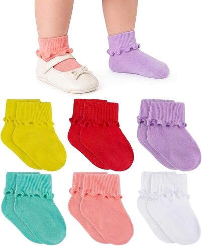 6 Pairs Cute Baby Girl Ruffle Socks Cotton Turn Cuff Frilly Ankle Dress Socks Newborn Infant Toddler in Kuwait