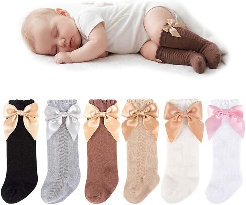 6 Pairs Newborn Knee High Socks Baby Girl Long Socks with Bow Infant Stockings for Preemie New Born Girls 0-3 Months in Kuwait