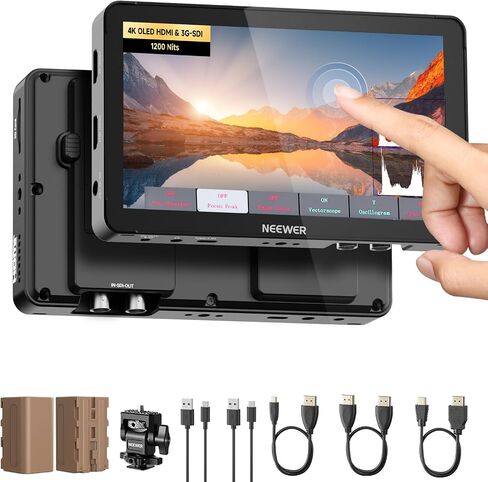 NEEWER F600 7" Camera Field Monitor, 2400nit HD 1920x1080 IPS Touch Screen with 3D LUT, 4K HDMI Loop in/Out with Peak Focus DSLR Video Assist HDR Waveform, Cold Shoe Mount, 2 NP-F750 Batteries & Cable in Kuwait