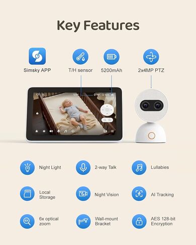 Simsky 7" Baby Monitor with Camera and Audio, 4MP UHD Video, WiFi & Non-WiFi Monitoring, Pan Tilt Camera, 6X Zoom, App Remote Access, AI Cry Detection, 2-Way Talk, 5200mAh Battery in Kuwait
