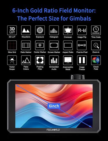 FEELWORLD SC6 6 Inch SDI Field Monitor,1500 nit Aluminum 4K HDMI On Camera Monitor Touchscreen and Scroll Wheel, HDR Waveform and 3D LUT for DSLR/Mirrorless in Kuwait