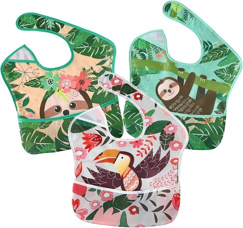 PandaEar 3 Pack Baby Bibs for Boys & Girls, Waterproof Polyester Toddler Bibs for 6-24 Months, Lightweight Soft Feeding Bibs with Food Catcher Pocket (Animal Theme Series) in Kuwait