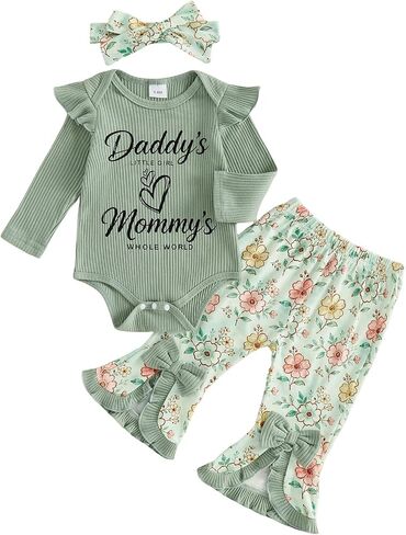Newborn Baby Girl Clothes Ribbed Knit Bodysuit Flower Bell Bottoms Set Romper Flare Pants Fall Coming Home Outfits in Kuwait